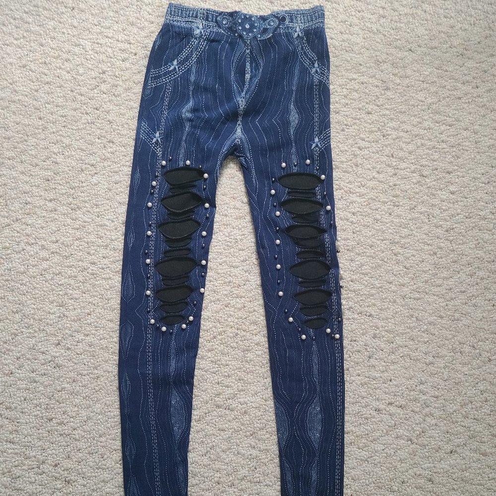 Embellished, distressed jean look leggings
